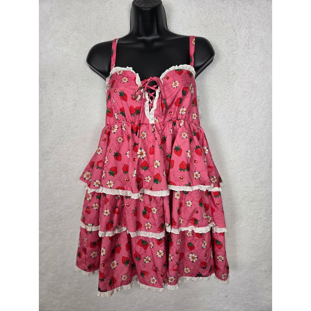 Dolls Kill x Strawberry Shortcake Pink Tiered Ruffle Mini Dress Eyelet Lace M - Picture 8 of 14